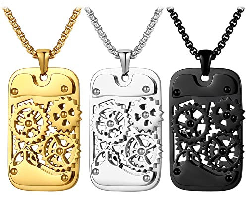 JewelryWe Schmuck 3pcs Halskette Herren Retro Steampunk drehbare Zahnrad Dog Tag Erkennungsmarke Anhänger mit 60cm Kette Gravur Geschenk Gold Schwarz Silber