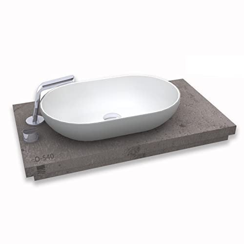 Aufsatzwaschbecken aus Mineralguss Solid Stone – Edle grau/weiße Optik, ovale Form, 54 x 34 x 12 cm – Glatte Oberfläche Waschbecken– Waschtisch mit Ablaufgarnitur