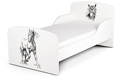 Leomark Funktionsbett aus Holz - Mein Pferd - Kinderbett mit Matratze, Holzbett mit Seitenschutz Lattenrost, Komplett Set für Kinderzimmer, Liegefläche 70/140 cm, UV-Druck