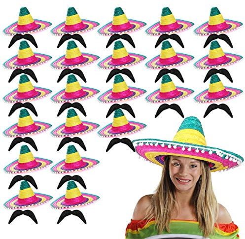 Lot de 24 sombero mexicain avec pompons et moustache - Chapeau mexicain en paille - Multicolore