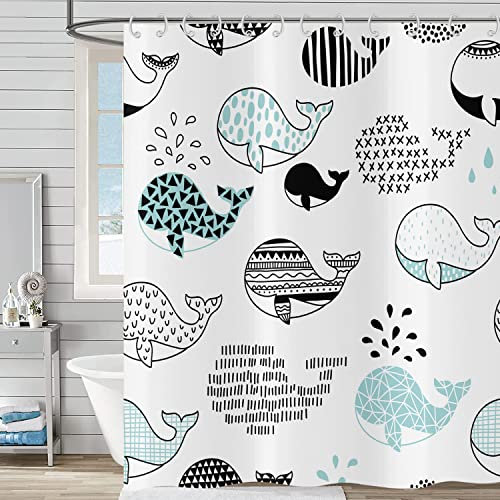 Hnmdmyi Duschvorhang Lustig 180x180, Cartoon Wal Duschvorhänge Niedlich Ozean Tier Abstrakt Schwarz Blau Fisch Kinder Badewanne Vorhang Wasserdicht Polyester Stoff Waschbar Badevorhang mit Haken