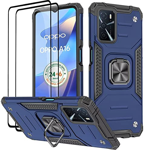 KANSi Coque pour Oppo A16 / A16S / A54S, Verre Trempé [2 Pièces] + Housse TPU Silicone Rotation 360° Aimant Anneau Support Double Défense Protection Etui - Bleu