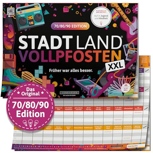 DENKRIESEN - Stadt Land VOLLPFOSTEN® - 70/80/90 Edition - Früher war Alles Besser. - XXL | Spielblock Geburtstagsgeschenk | Familienspiel | Stadt Land Fluss | DIN A3