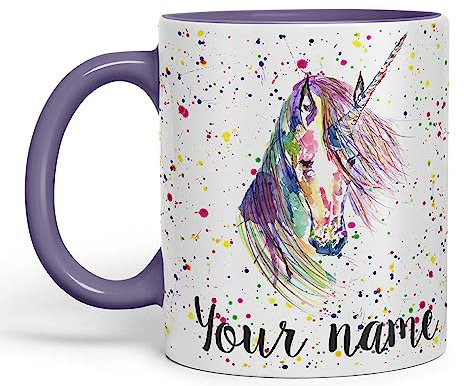Vixar Personalised with Your Text Unicorn Watercolour Art Coloured Ceramic Mug Cup Gift 330ml 11oz Custom Work Office Tea Coffee (O2) (Purple)