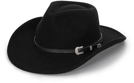 Schwarzer Cowboy-Cowgirl-Hut für Damen und Herren, Western-Stil, breite Krempe, Filz, Fedora-Hut mit abnehmbarer Gürtelschnalle, Größe M