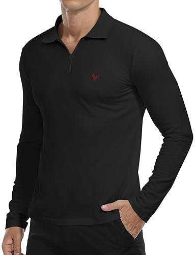 KUYIGO Shirt Men's Long Sleeve Zip Polo Shirt Plain Slim Fit Casual T-Shirts L Black