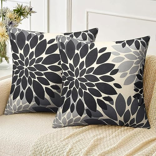 Velvhom Kissenbezug 50x50 cm Sofakissen Herbst Abstrakt Dahlie Blumen Schwarz und Grau Leinen Kissenhülle Zierkissen Modern Deko Kissen Bezug für Wohnzimmer Kinder Büro, 2er Set
