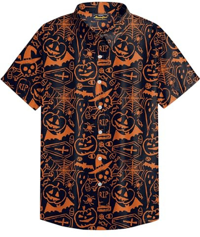 Mainfini Herren Halloween Hemd - Kurzärmelig Mit Spinnennetz, Kürbis Gesicht, Fledermaus Und Geist Motiv - M