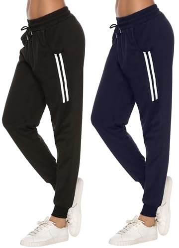 Sykooria Damen Jogginghose Sporthose Lang Yoga Hosen Freizeithose Laufhosen Baumwolle High Waist Trainingshose für Frauen, 2pcs-Schwarz+Dunkelblau, L