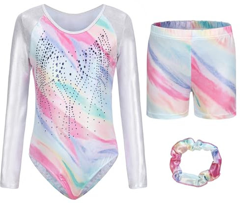 Happy Cherry Kinder Gymnastikanzug Langarm Gymnastikbody Shorts Set Glänzende Turnanzug für Mädchen Kunstturnen Bekleidung 7-8 Jahre