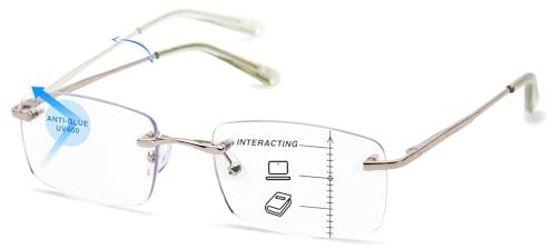 Amorays Progressive Multifokal Lesebrille für Herren und Damen, Modern Ohne Rahmen Lesebrillen mit Anti-Blaulicht DJ6001(Silber,+2.50