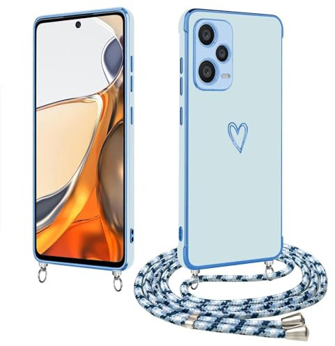 LENGRACE pour XiaoMi RedMi Note 12 / Poco X5 5G Motif Coeur Coque,Galvanisé Etui Housse TPU Antichoc pour Femme Fille Coque avec Cordon de Collier-Bleu