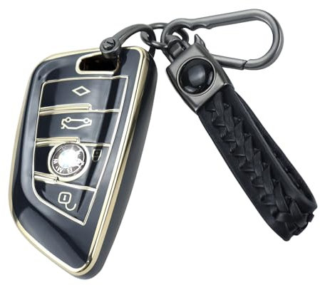 Anevios Coque Clé de Voiture en Silicone avec Porte Clés 4 Boutons TUP Compatible avec BMW Serie 1 2 3 4 5 6 7 X1 X2 X3 X5 X6 F40 G20 G30 Coque de Protection pour Clé Protège Clef de Voiture (Noir)