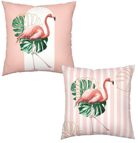 Wnoesat Kissenbezüge, Motiv: rosa Flamingo, 45,7 x 45,7 cm, tropische Blätter, Vogel, 2er-Set, geometrische Bögen, vertikale Streifen, moderne Kissenbezüge für Frühling, Sommer, Zuhause, Couch, Sofa,