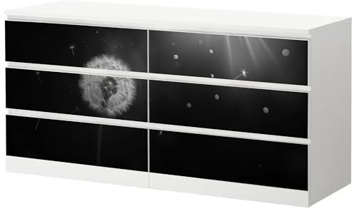 Sunnywall® Möbelfolie passend für IKEA Malm Kommode Schrankfolie Aufkleber mit Pusteblume mit schwarzem Hintergrund Motiv | blasenfrei verkleben | Wohnzimmer 6er 160 cm