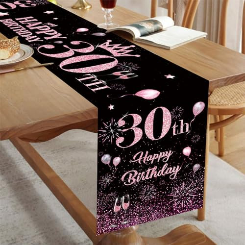 Tischläufer 30 Geburtstag Frau Schwarz Rosa Happy 30th Birthday Tischband zum 30. Geburtstag Frauen Ihr Geburtstag Feier Party Dinner Tisch Leinen Tuch Tischdecke Deko Zuhause Küche, 180x35 cm Lang
