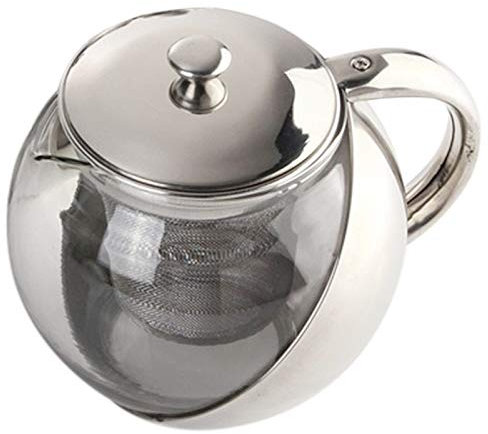 Tetera moderna y elegante de acero inoxidable + tetera de vidrio con infusor de hojas de té sueltas, accesorios plateados.