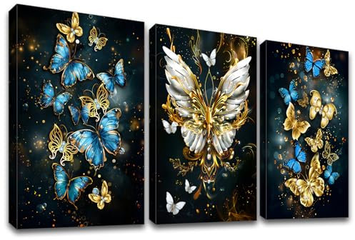 3 Pcs Blaue und goldene Schmetterlinge Mit Rahmen Leinwand Bilder Glänzender Schmetterlinge Bild auf Leinwand Malerei Wandbilder Wanddeko Wohnzimmer Schlafzimmer Dekorationen 90x40cm (12x16x3pcs)
