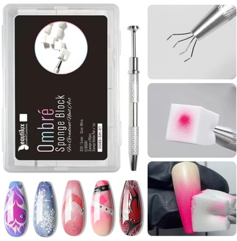 Beautilux 80Pcs Nail Art Brosse Éponge, Pinceau Nail Art Ongles, 15 mm par côté, avec Pince Métallique, pour le Nail Art de Couleur Dégradée Manucure