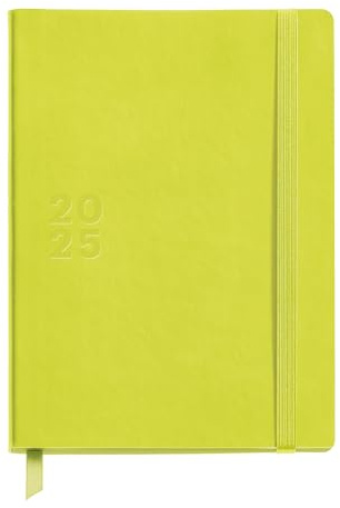 Miquelrius - Kalender 2025, Größe 155 x 213 mm, Tagesansicht, genähter Einband aus Kunstleder, nachhaltiges Papier 100 g/m², Gummiverschluss, Spanisch, Englisch und Portugiesisch, Fluor