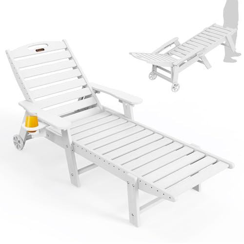 Lounge Chair Outdoor Oversized Chaise Lounge Chair with 5 Positions, HDPE, Patio Lounge Chair with Wheels & Cup Holder for Pool, Deck, Poolside, White