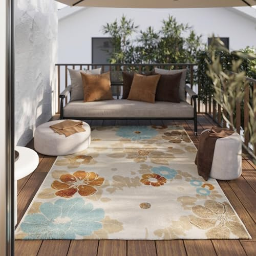 Wecon Home moderner, wetterfester Teppich für Innen und Außen - florales Muster für Wohnzimmer, Esszimmer, Flur, Terrasse und Balkon – Beach Flower (120 x 170 cm, beige)