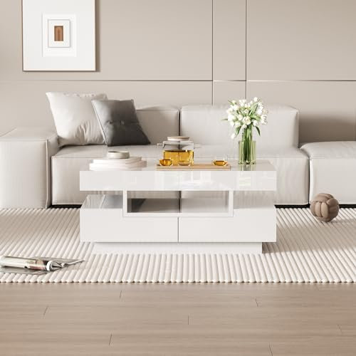 Couchtisch,mit LED-Lichtleiste,Hochglanzoberfläche,Vier Schubladen vorne und hinten,großer Stauraum (Weiß)