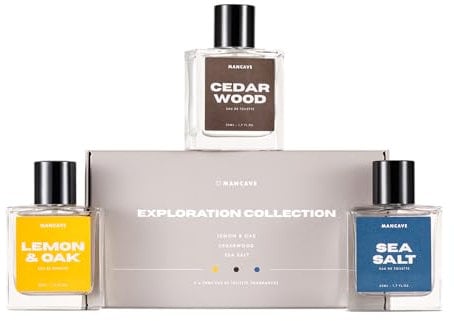 ManCave Exploration EDT Gift Set for Men - 3 x 50ml Eau De Toilette Fragrance Sprays - Lemon & Oak, Cedarwood, Sea Salt Fragrances - Mens Aftershave Collection