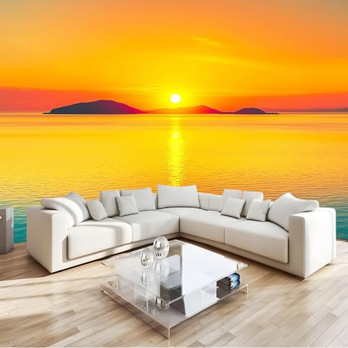Fototapete Sonnenuntergang Meer Horizont Orange Tapete 200x140 cm 3D Vlies Wanddeko Wallpaper Wandtapete Dekoration Study Zimmer Wohnzimmer Restaurant Cafe