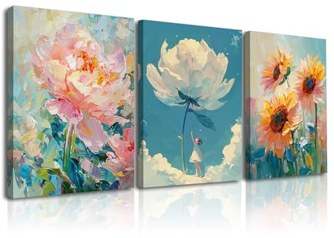 Piy Painting Impresión En Lienzo Flores, Cuadro en lienzo, Flores De Colores Lienzo Pintura Mural, Cuadro En Lienzo Para Dormitorio Aula Baño Pasillo Cafetería, 3Pz 30x40cm /(90x40cm), Marco Interior