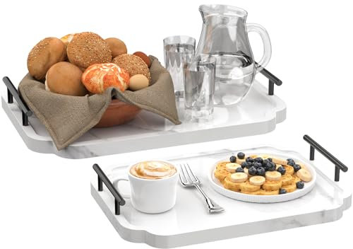 Yawinhe Tablett Holz, Serviertablett mit Griffen, Küchentablett für Frühstück, Couchtisch, Küchen Deko, 2 in Verschiedenen Größen, 40x30x2cm, 35x25x2cm, Marmor Weiß