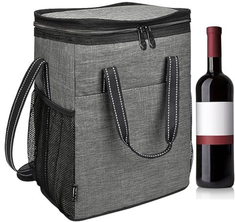 Kato Tirrinia 6 Bottles Wine Cooler Bag Insulated Bottle Bag, Wine Carrier Wine Gift Bag Portable with Strap Leakproof Padded for Picnic Party Camping Wine Gifts, Gery