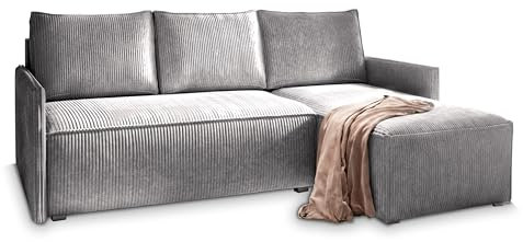 Masseno Ecksofa PERUSI mit Schlaffunktion L-Form, Sofa mit Bettkasten, Wohnzimmersofa, Couch, Soffa, Bettsofa, Couchgarnitur- Hellgrau, POSO 55