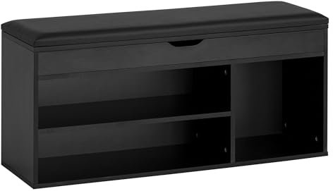 FineBuy Schuhbank mit Sitzfläche Garderoben-Bank 104x51x32 cm Kunstleder Schwarz, Holzbank Klein Gepolstert, Sitzbank Schmal Flur mit Stauraum, Truhenbank Schuhtruhe Flurmöbel