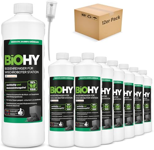 BiOHY Floor Cleaner for Mop Robot Station with Orange Fragrance (12 x 1 Litre) + Dispenser, Concentrate Cleaning Agent for All Mop and Robot Vacuum Cleaner with Wet Function, Low Foam and Streak-Free
