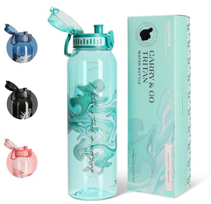 UZSPACE Trinkflasche 1l Sport Wasserflasche, auslaufsicher Flasche unterwegs, spülmaschinenfest, kohlensäure geeignet, Sportflasche für gym fahrrad fitness wandern Büro, mit Zeitmarkierung