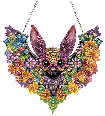 Hoobee Fledermaus Diamond Painting Anhänger, Tier Diamond Painting Fensterbilder, 5D Diamant Painting mit Kette, Wandbehang Kits-Für Zuhause Wanddekoration Und Eingang Dekoration(Fledermaus)