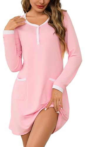 Litherday Chemise de Nuit Femme Coton à Manches Longues | avec Col Rond et Poches Design Confortable