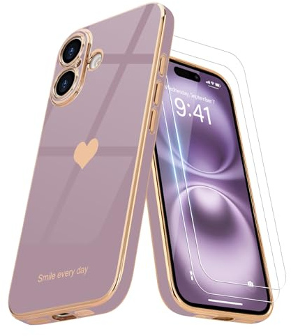 Teageo für iPhone 17 Hülle+2 Schutzfolie Herzmuster, SakuraLila | Mädchen Stilvoll Galvanisierte Schutzhülle Weich TPU Phone Case