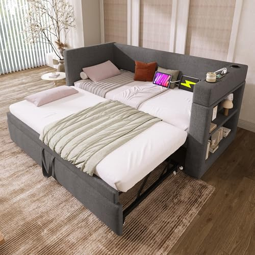 Miyemo Upholstered Daybed, Sofa Bed with Pull Out Trundle & Cup Holders, 3ft Single Bed with Storage & Charging-Station for Living Room & Bedroom, Linen, 90X190cm, (No Mattress)