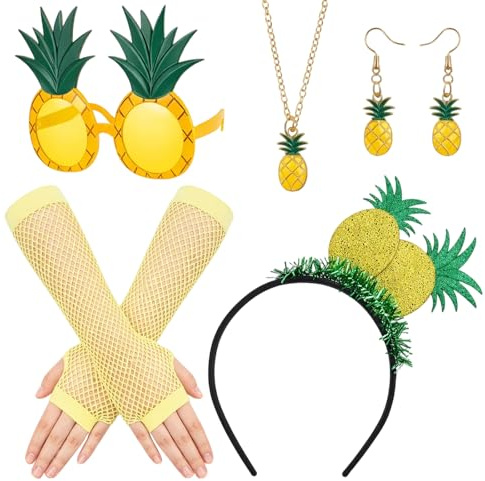 DvBCNMe 7 Stück Ananas Kostüm, Ananas Kostüm Damen Mit Ananas Haarreif und Ananas Brille, Gelbe Netzhandschuhe, Halskette und Ohrringe für Hawaii Partys, Halloween Und Karneval Cosplay