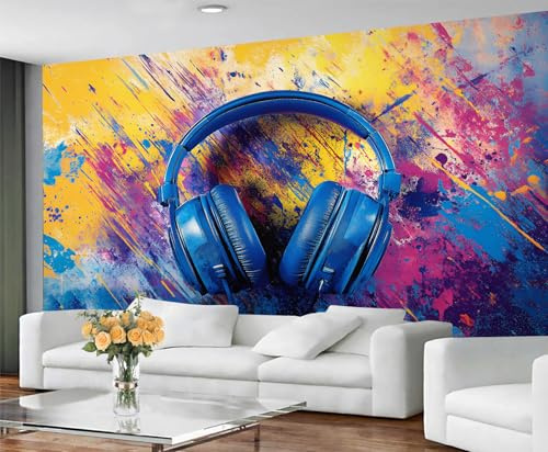 GIVLWF Wallpaper Music Home Decor & Mural, Blue Headphones Bedroom Wallpaper, Hip Hop Graffiti Wall Paper for Living Room, Large Wall Mural - Not Self-Adhesive