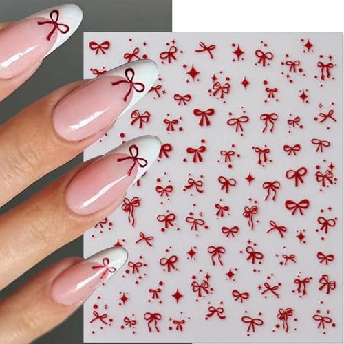 Aribliseza Nagelsticker, 6 Stück, Bow Nail Stickers, Selbstklebende Glänzende Pink, Rot, Schwarze Nail Decals für Frauen, Geschenk für Mädchen, Weihnachten und Valentinstag
