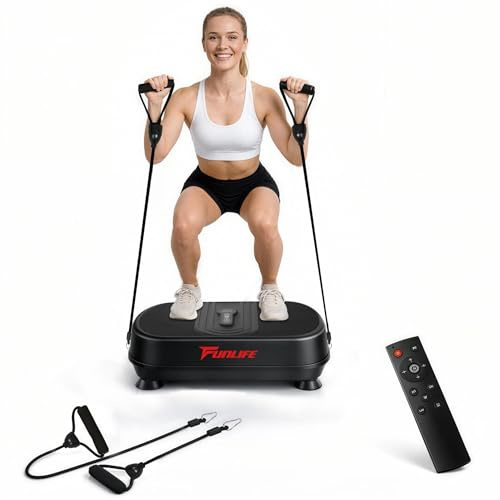 Funlife Piastra vibrante V6, 120 kg, 180 livelli, 5 programmi e manuale, Bluetooth e altoparlante, piastra fitness con corde per allenamento completo (nero)