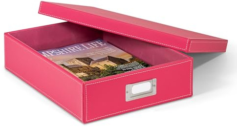 Osco Faux Leather A4 Document Storage Box with Lid, Stackable Desk Paperwork Organiser for Files and Envelopes, Durable Filing Solution for Home or Office, 8.5×25×33.5 cm, Fuschia Pink