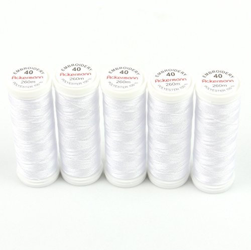 Ackermann® Embroidery (5X 260m) Maschinen STICKGARN, hochglänzendes und reißfestes Garn für die Näh- und Stickmaschine (2800 Weis)