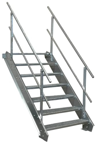 Srm-Design 7 Stufen Stahltreppe mit beidseitigem Geländer/Breite 100 cm, Geschosshöhe 100-140cm / Robuste Außentreppe/Wangentreppe/Stabile Industrietreppe für den Außenbereich/Inklusive Zubehör | Geschosshöhe 100-140cm robuste Außentreppe Wangentreppe stabile Industrietreppe für den Außenbereich