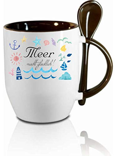 Tasse m. Löffel Meer macht Glücklich Löffeltasse, Kaffeetasse m. Motiv,Bürotasse, bedruckte Tasse mit Sprüchen oder Bildern -