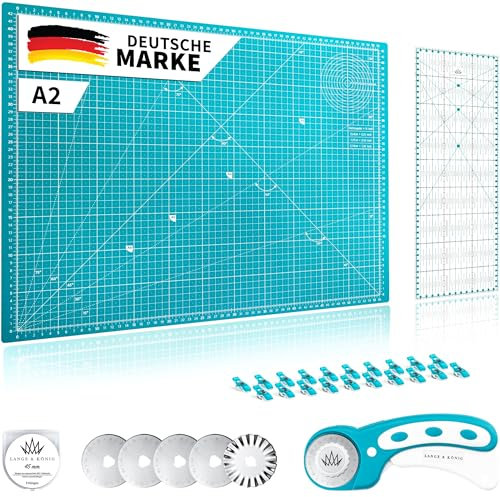 Lange & König Rollschneider Set in 3 Größen [A1, A2, A3] und 5 Farben Inkl. Schneidematte, Rollschneider, 5 Ersatzklingen, Patchwork-Lineal + 20 Stoffklammern als Nähzubehör (Türkis, A2 Set)
