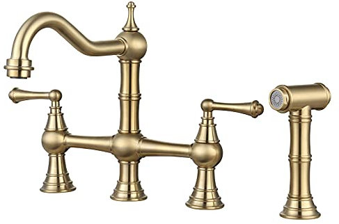 WOWOW Grifo de Cocina Doble Lavadero de Latón con Rociador Lateral, 4 Agujeros, 2 Manijas, 8 Pulgadas, Grifo Central para Fregaderos, Dorado Cepillado